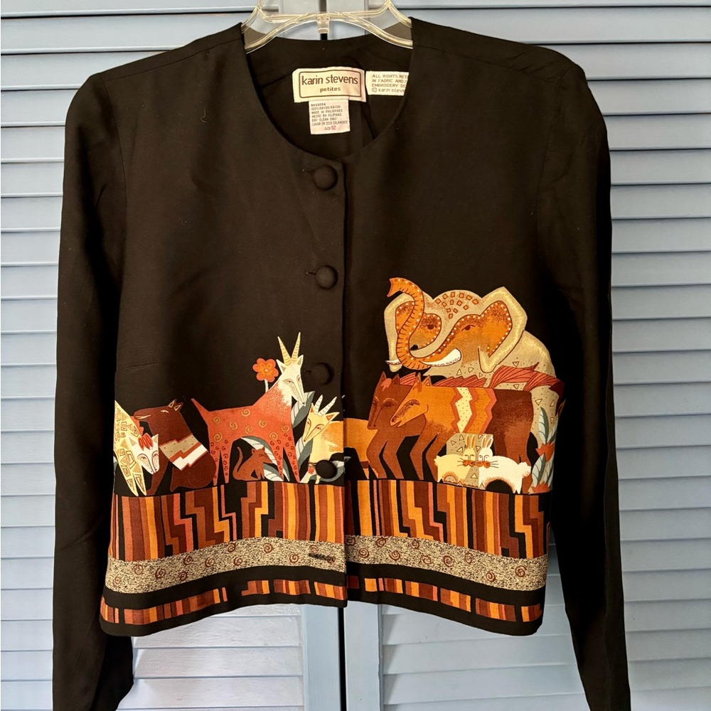 Karin Stevens Vintage Black Animal Print Shirt Jacket Petite 12 Button Up